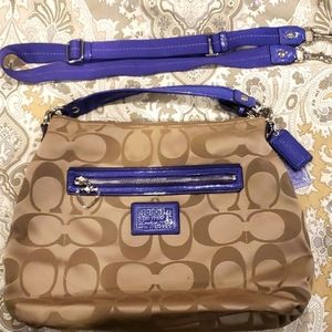 Khaki and purple crossbody coach purse